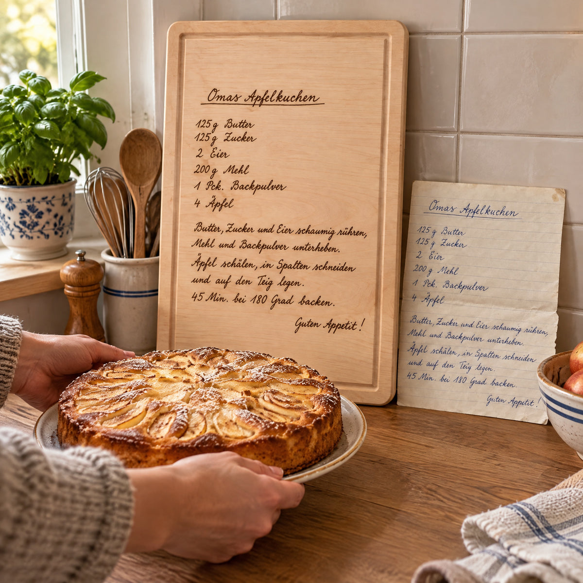 Graviertes Rezeptbrett an der Küchenwand neben dem Originalrezept, davor ein frisch gebackener Apfelkuchen
