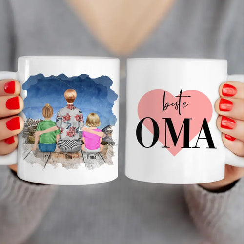 Personalisierte Tasse für Oma (1 Baby + 1 Kind + 1 Oma)
