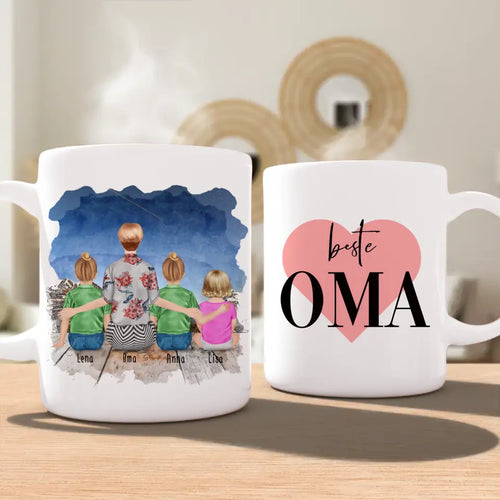 Personalisierte Tasse für Oma (2 Kinder + 1 Baby + 1 Oma)
