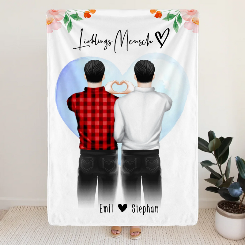 Personalisierte Decke mit schwulem Paar (stehend) - Herz mit Händen - Pärchen Decke