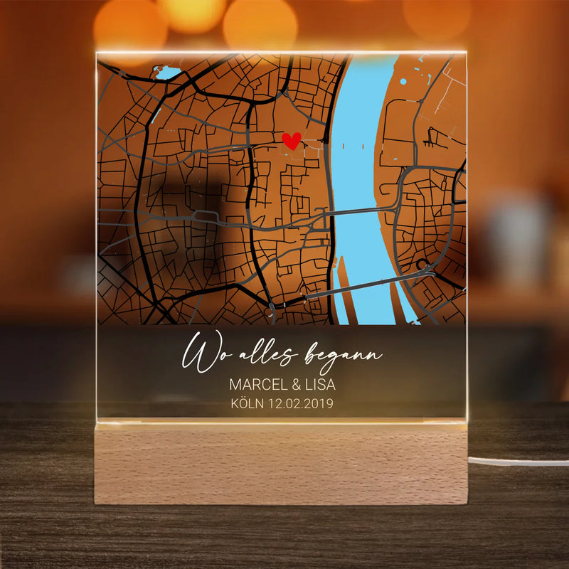 Personalisiertes Acry-Licht - "Wo alles begann" - Karte mit Text
