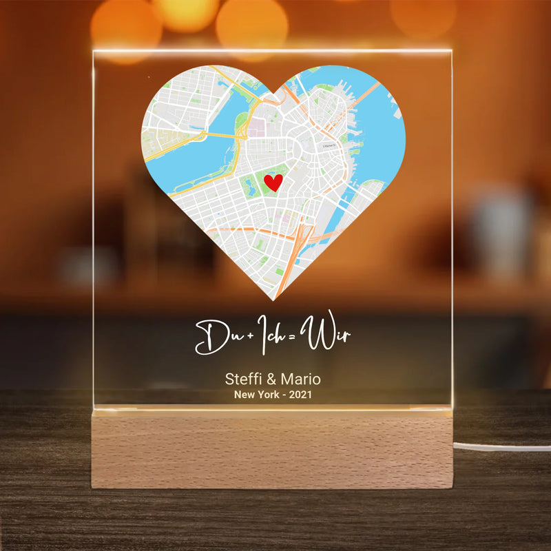 Personalisiertes Acryl-Licht - Karte in Herzform, Spruch, Namen & Ort