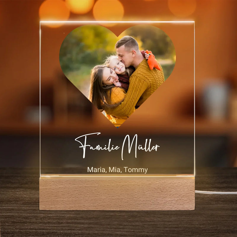 Personalisiertes Acryl-Licht - mit eigenem Bild in Herzform, Familiennamen & Namen