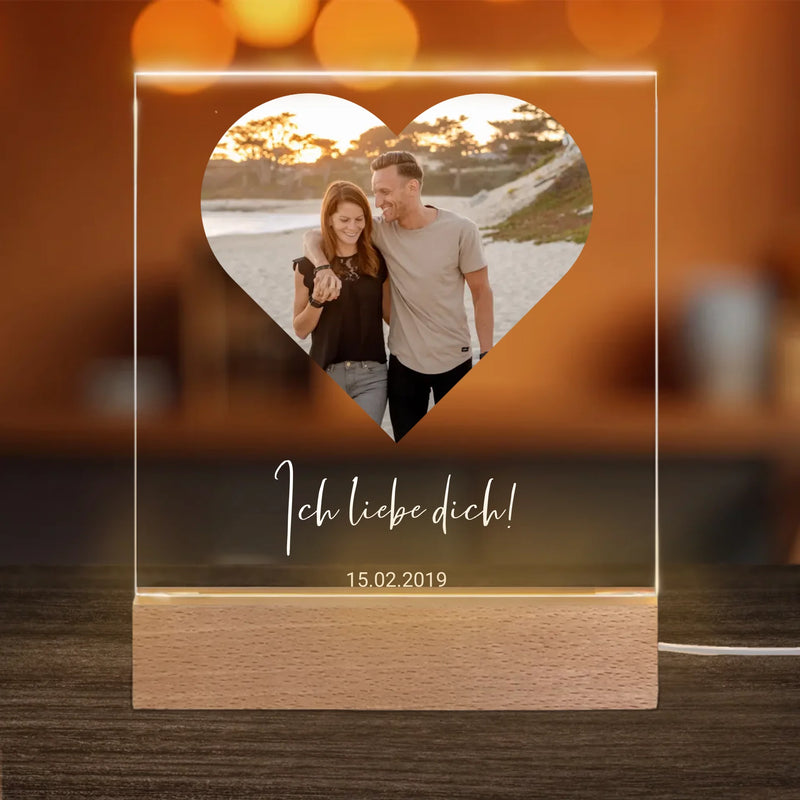 Personalisiertes Acryl-Licht - mit eigenem Bild in Herzform, Spruch & Namen - Für Paare