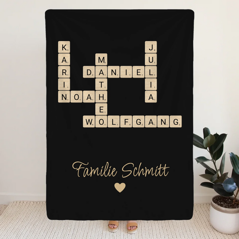 Personalisierte Decke - Kreuzworträtsel mit bis zu 25 Namen aus der Familie + Familienname