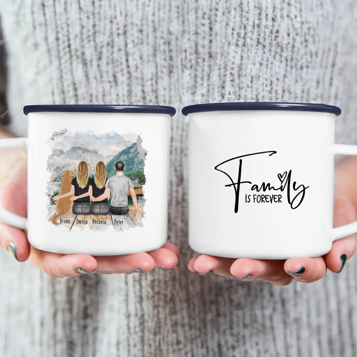 Personalisierte Tasse - 2 Frauen + 1 Mann + 1 Hund