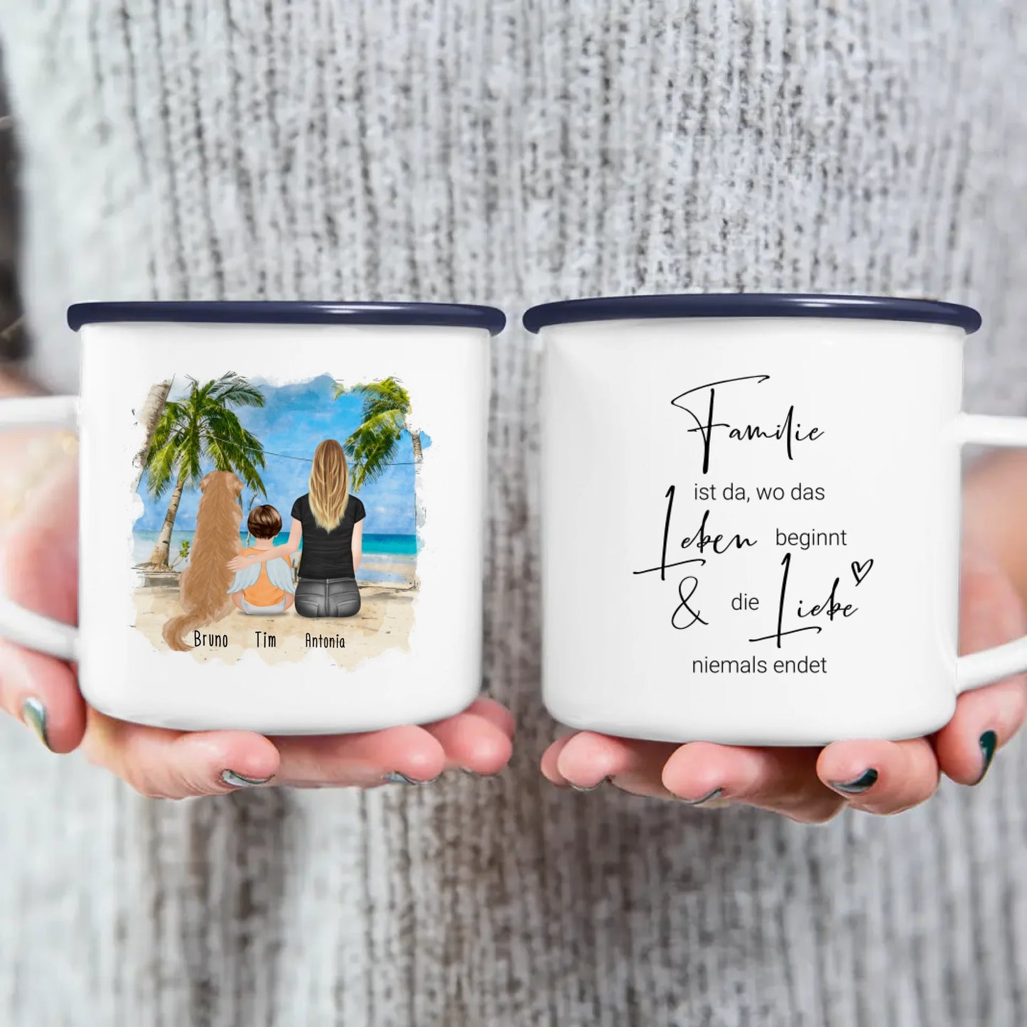 Personalisierte Tasse - 1 Mama + 1 Baby mit Engelsflügeln + 1 Hund