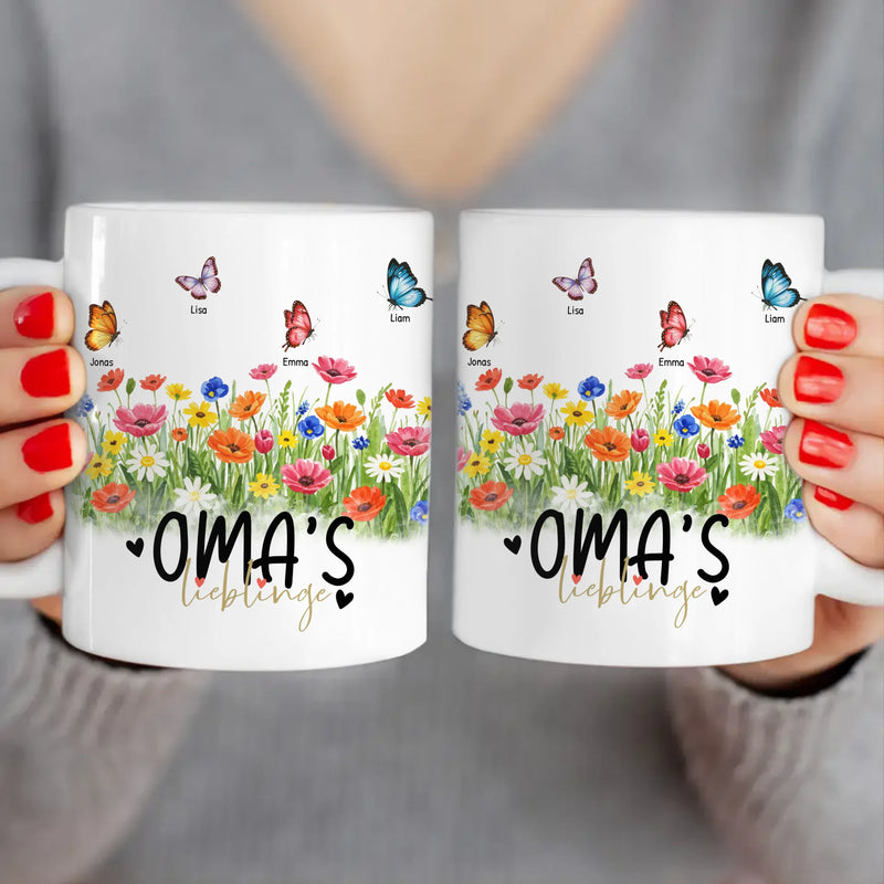 Personalisierte Tasse - Oma's Garten mit 1-10 Schmetterlingen