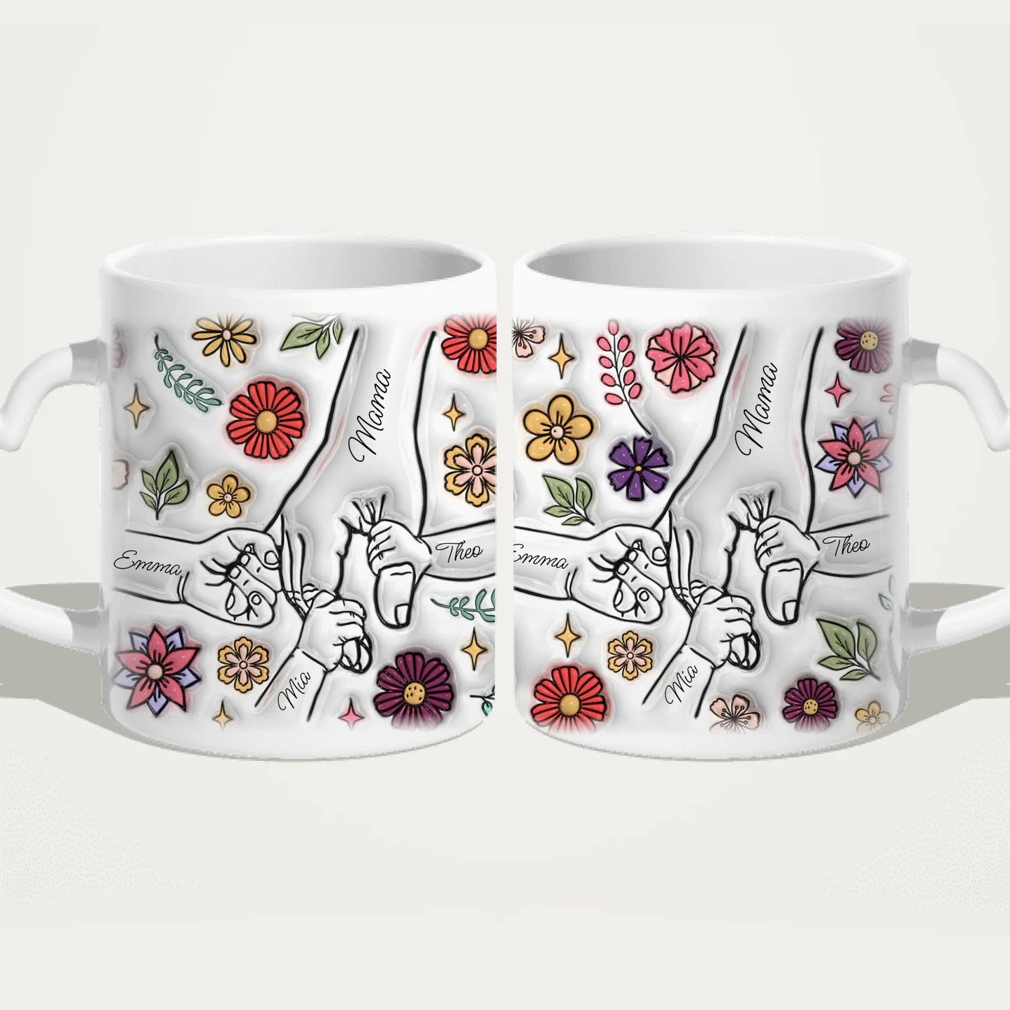 Personalisierte Tasse - Mama-Hand mit 1-6 Kinder-Händen im 3D Look