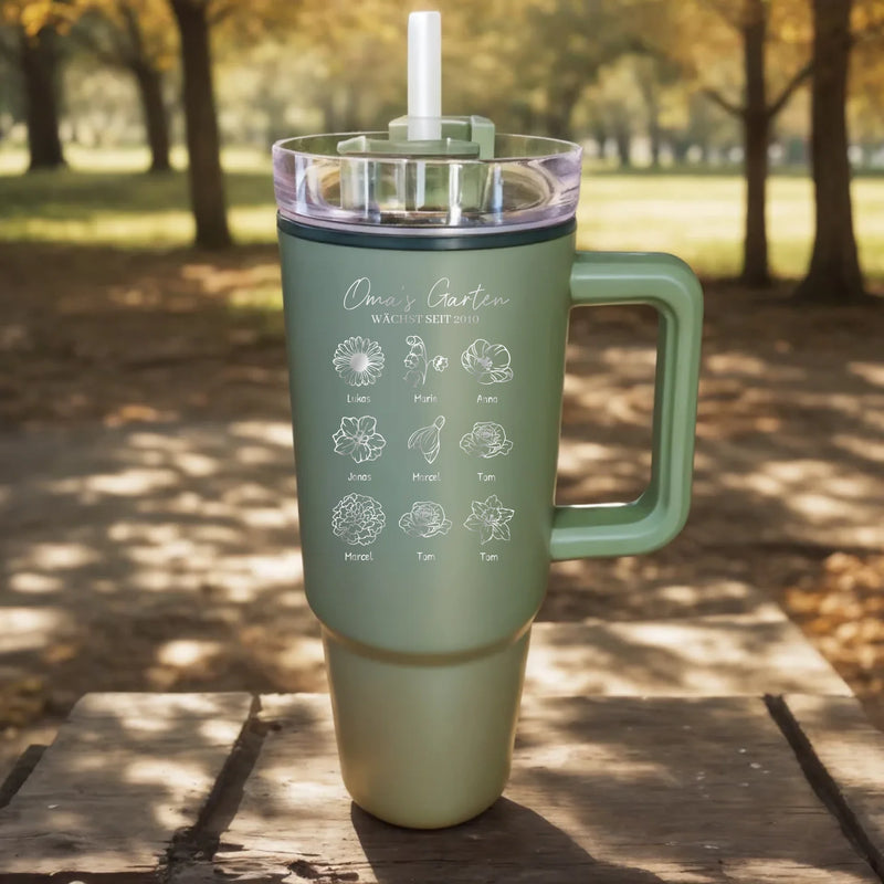 Personalisierter Thermo Cup - Omas Garten mit 1-9 Blumen/Namen