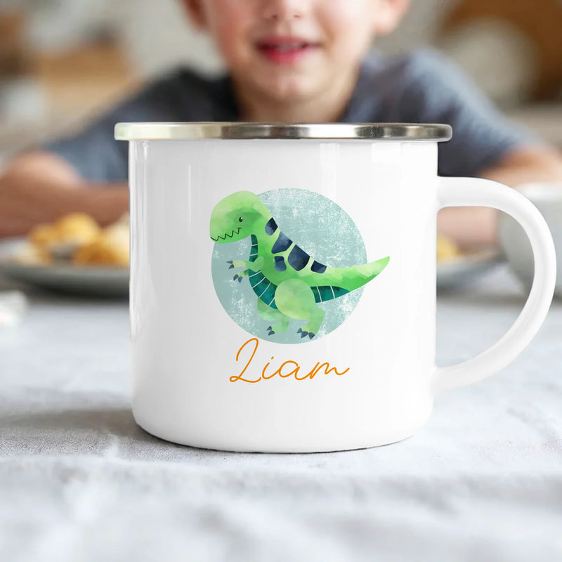 Personalisierte Kindertasse mit Dino und Namen