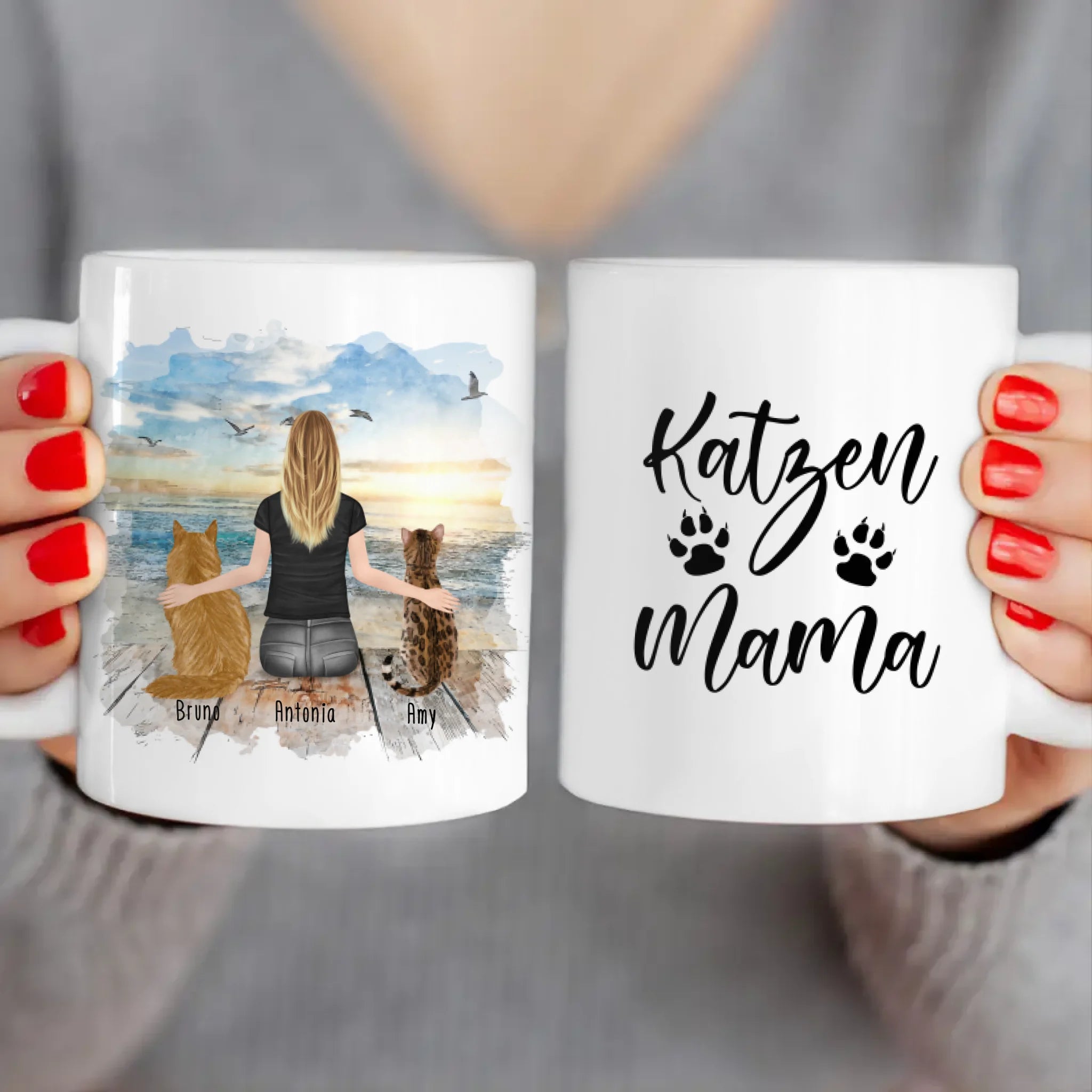 Personalisierte Tasse mit Katze und Frau (2 Katzen + 1 Frau) – Personalify