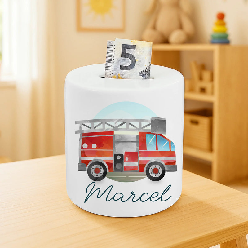 Personalisierte Spardose - Feuerwehrauto und Namen