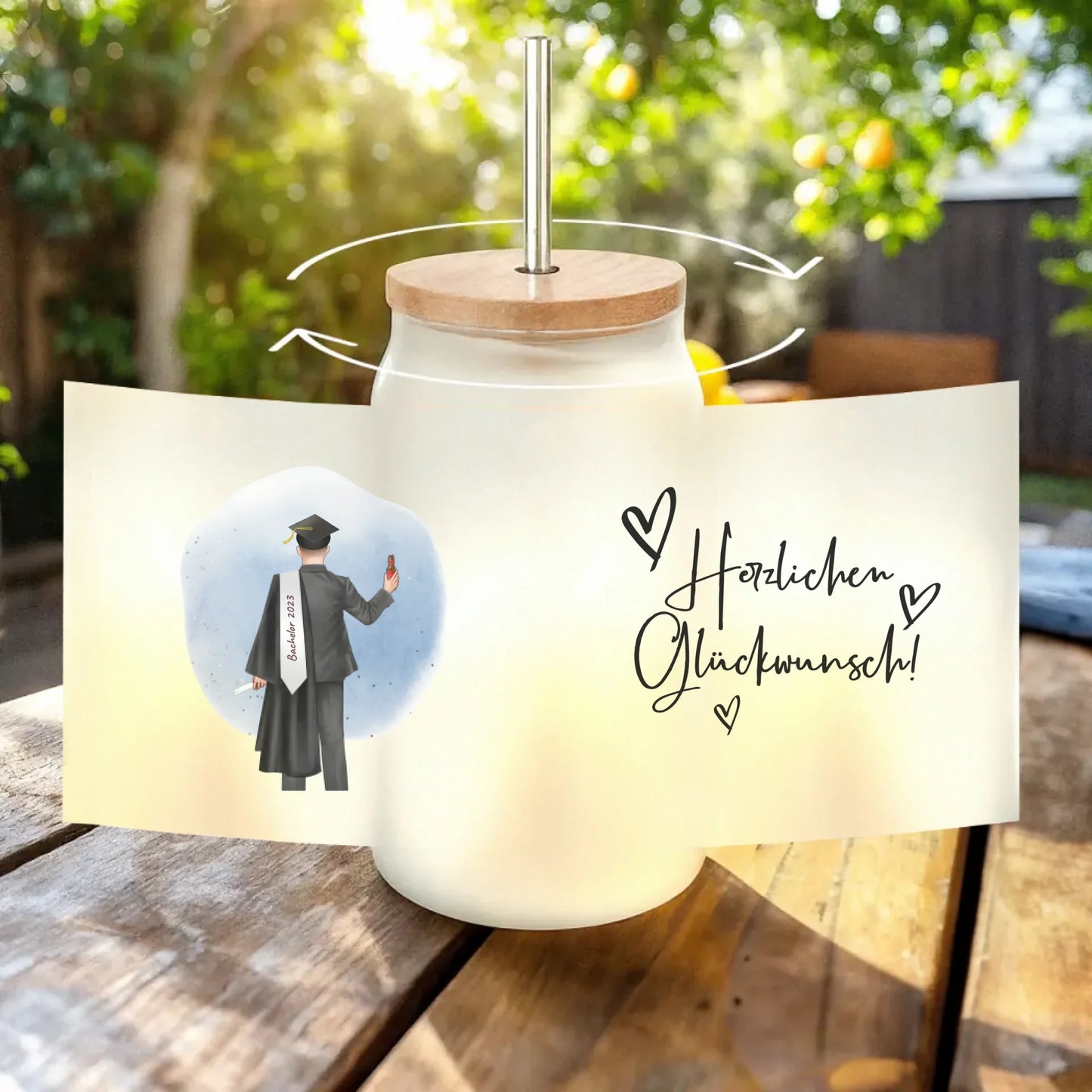 Personalisiertes Trinkglas mit Strohhalm - Bachelor/Master/Abi/Schulabschluss Geschenk (1 Mann)