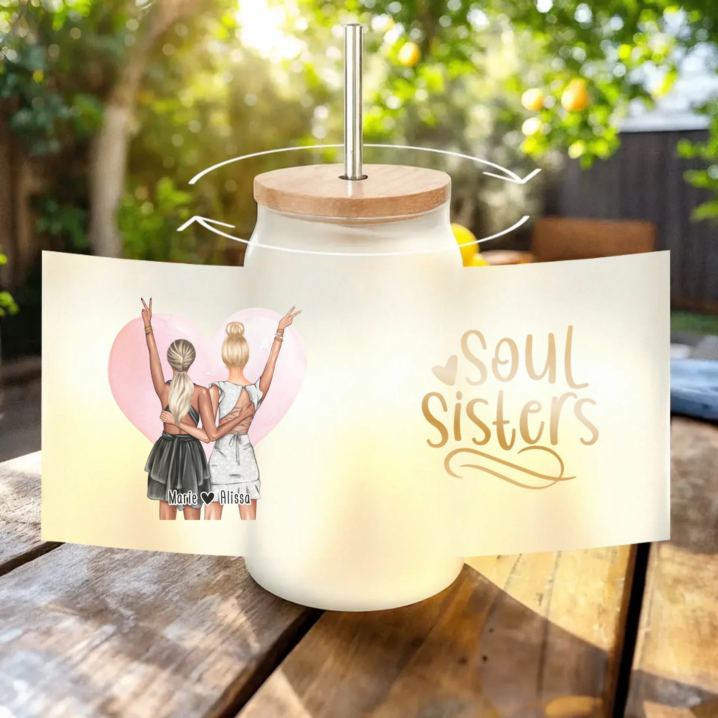 Personalisiertes Trinkglas mit Strohhalm - Beste Freundin mit Kleid (2 Freundinnen)