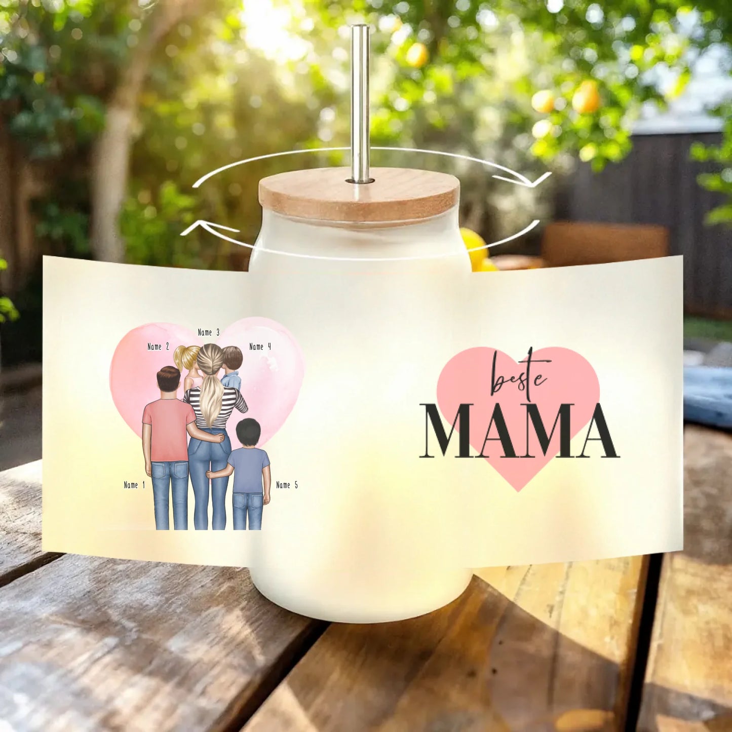 Personalisiertes Trinkglas mit Strohhalm - Mama mit 1-4 Kindern