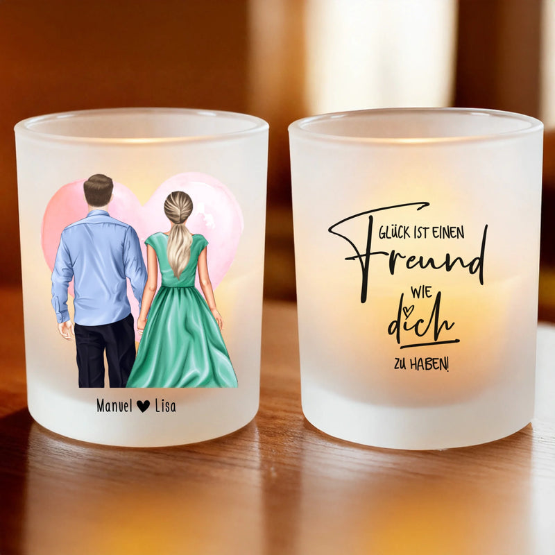 Personalisiertes Teelicht (Satin) - Hemd und Kleid - Pärchen Tasse