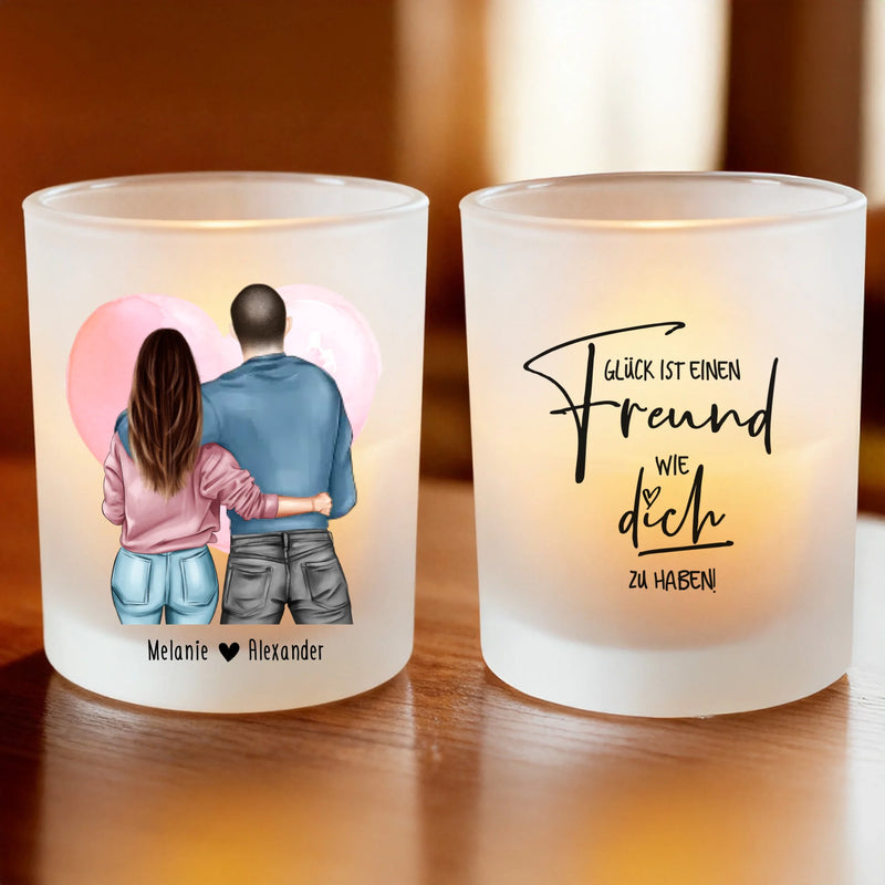 Personalisiertes Teelicht (Satin) - Tasse mit Paar (stehend) - Pärchen Teelicht