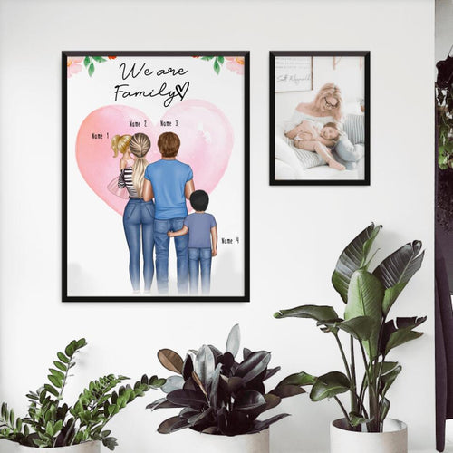 Personalisiertes Poster - Familie + 1 Baby/Kind auf dem Arm + 1 Baby/Kind/Teenager stehend
