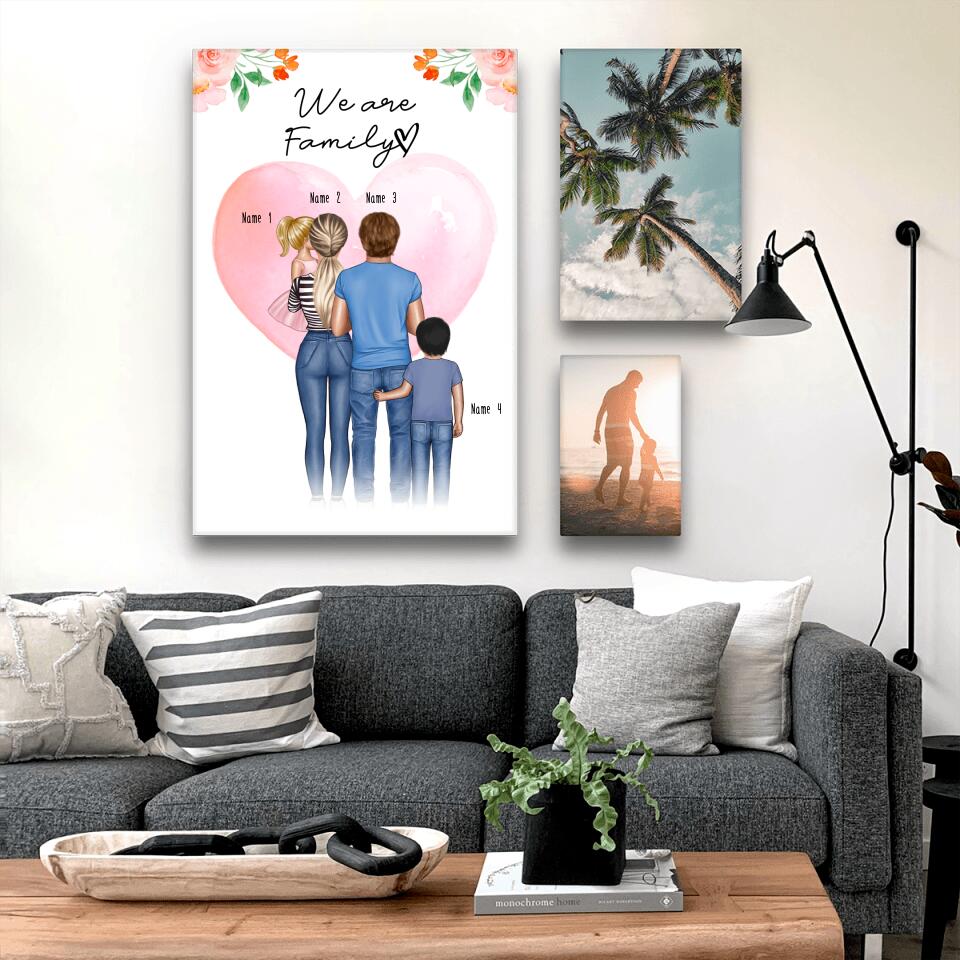 Personalisierte Leinwand - Familie + 1 Baby/Kind auf dem Arm + 1 Baby/Kind/Teenager stehend