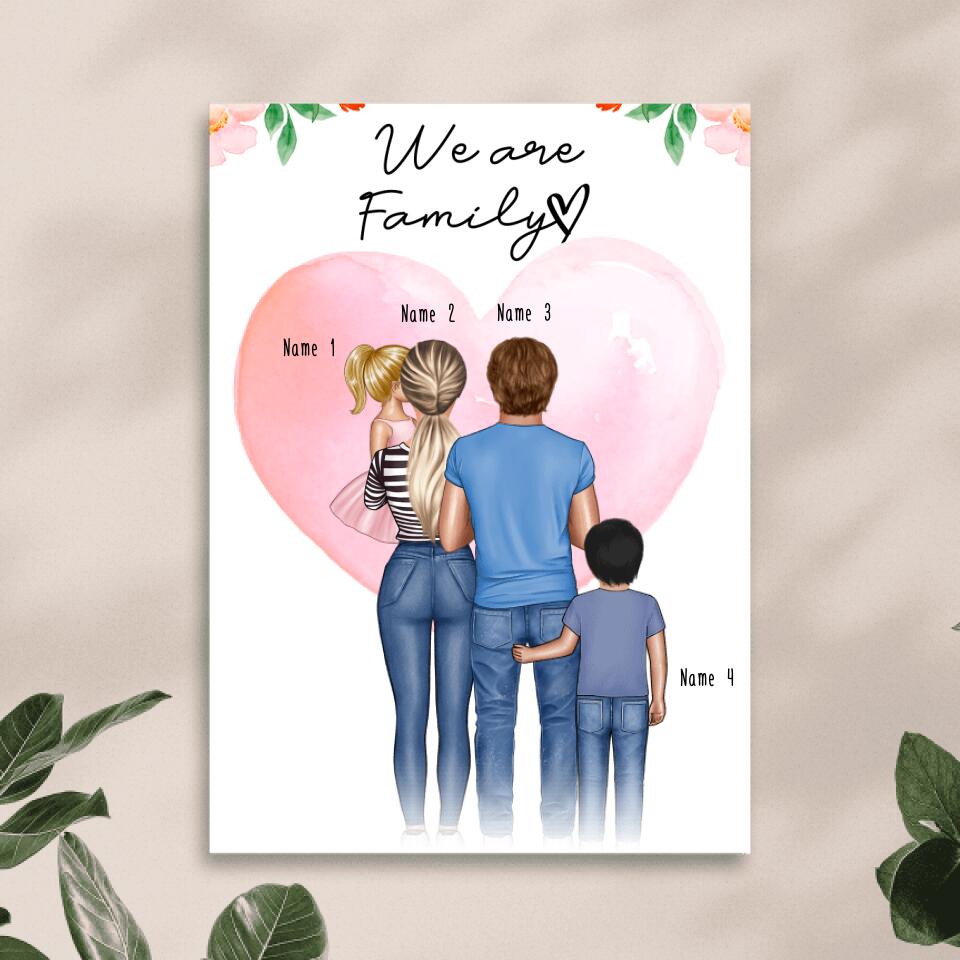 Personalisiertes Poster - Familie + 1 Baby/Kind auf dem Arm + 1 Baby/Kind/Teenager stehend