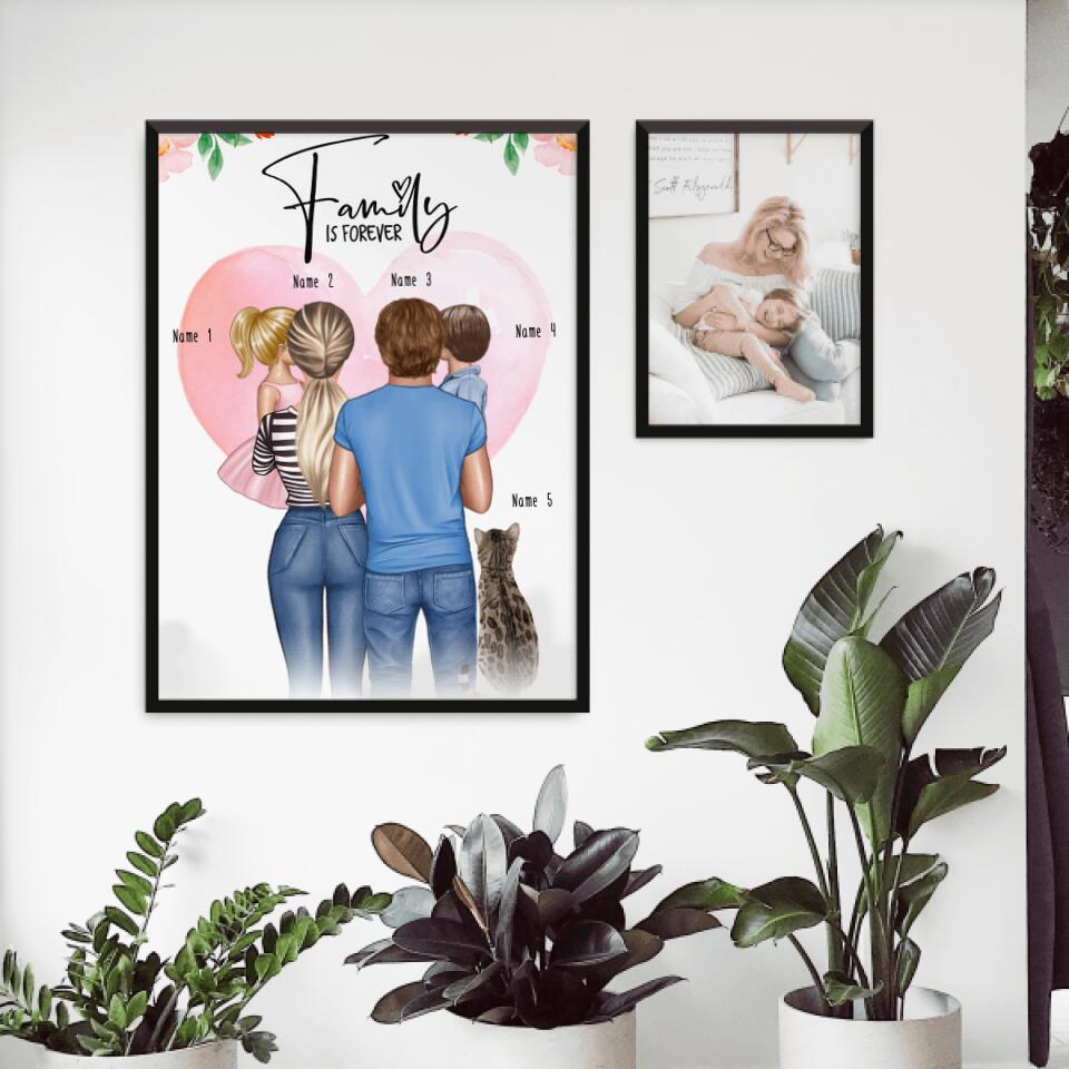 Personalisiertes Poster - Familie + 2 Kinder auf Arm + 1 Katze