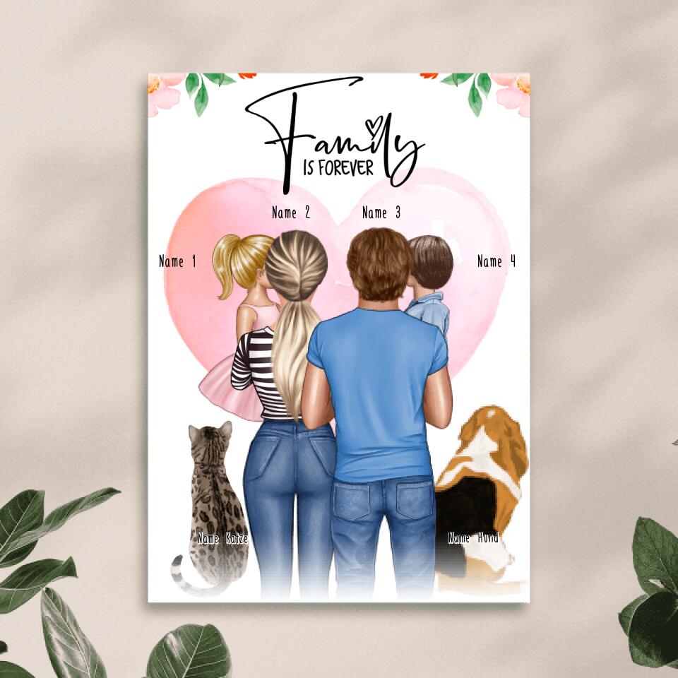 Personalisiertes Poster - Familie + 2 Kinder auf Arm + 1 Katze + 1 Hund