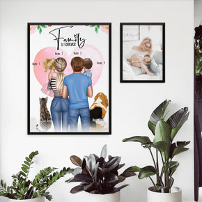 Personalisiertes Poster - Familie + 2 Kinder auf Arm + 1 Katze + 1 Hund