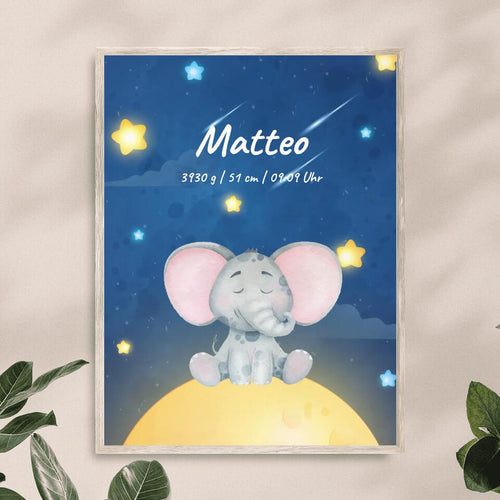 Personalisiertes Baby/Kinder Poster - Sternenhimmel mit schlafenden Tieren + Kindernamen