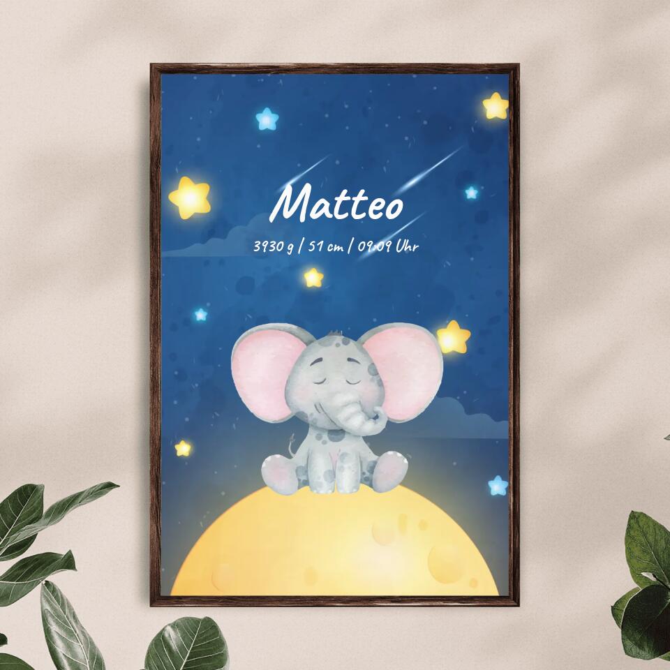 Personalisiertes Baby/Kinder Poster - Sternenhimmel mit schlafenden Tieren + Kindernamen