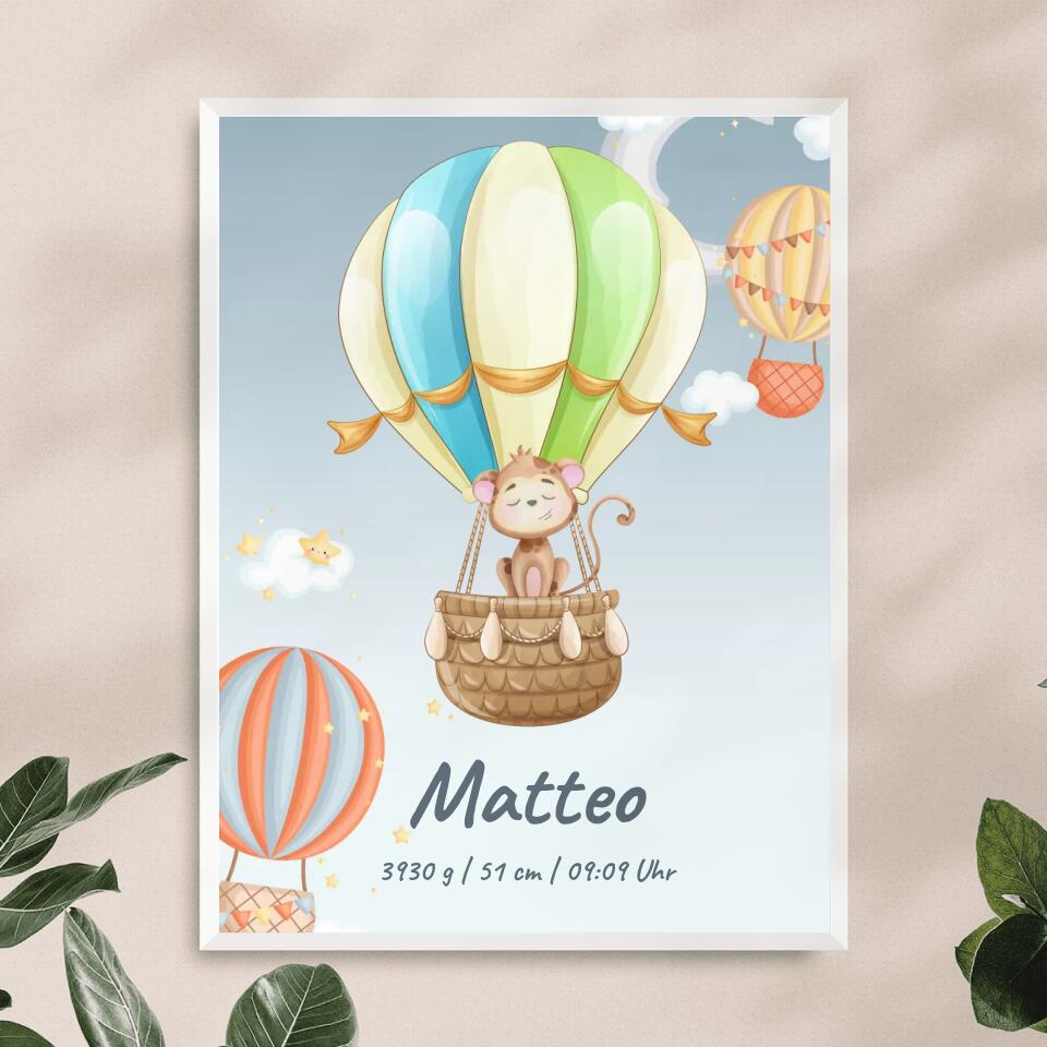 Personalisiertes Baby/Kinder Poster -  Heißluftballon mit schlafenden Tieren + Kindernamen