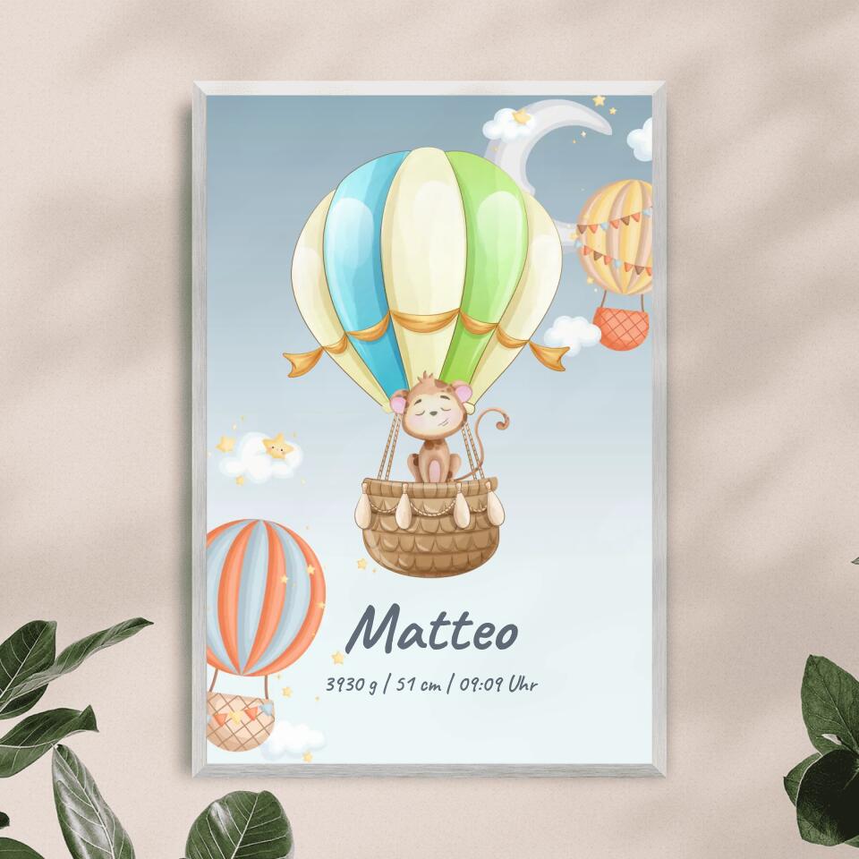 Personalisiertes Baby/Kinder Poster -  Heißluftballon mit schlafenden Tieren + Kindernamen