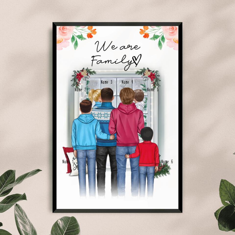 Personalisiertes Poster - Familie (schwul/gleichgeschlechtlich) + 1-4 Kinder - Weihnachtsposter