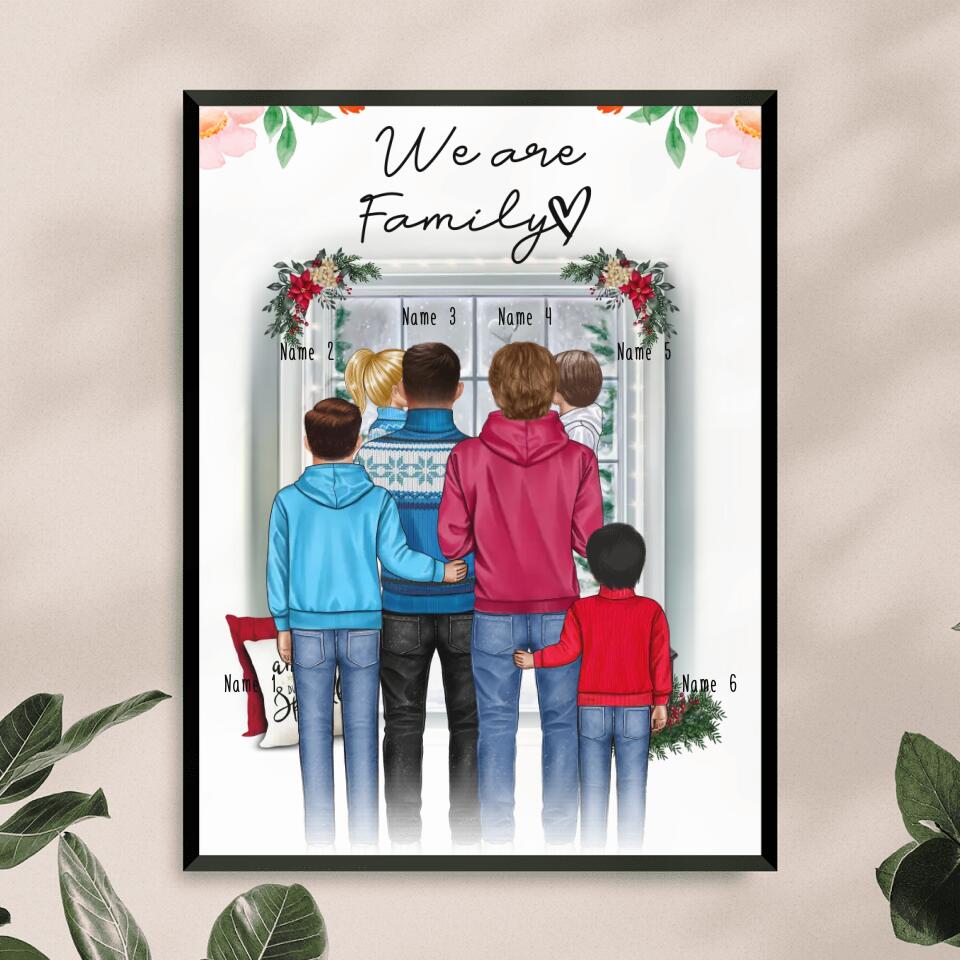 Personalisiertes Poster - Familie (schwul/gleichgeschlechtlich) + 1-4 Kinder - Weihnachtsposter