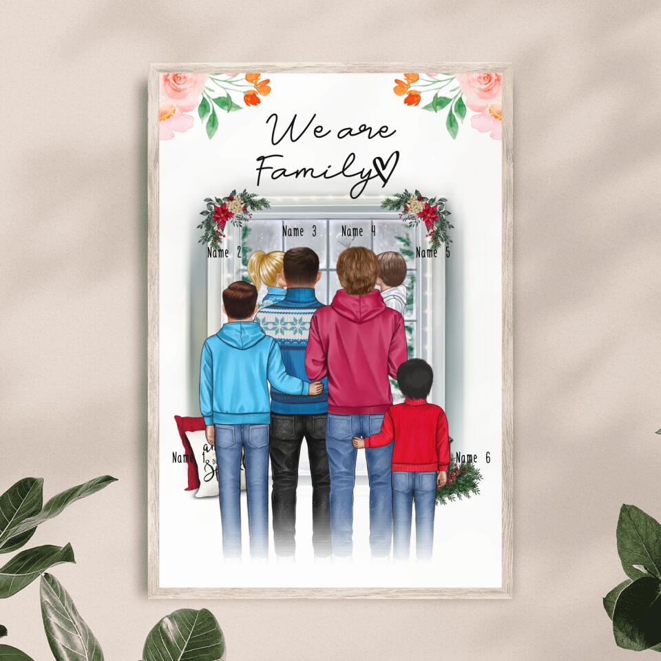 Personalisiertes Poster - Familie (schwul/gleichgeschlechtlich) + 1-4 Kinder - Weihnachtsposter