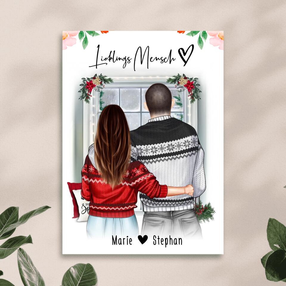 Personalisiertes Poster mit Paar in Weihnachtspullovern (stehend) - Pärchen Poster - Weihnachtsposter