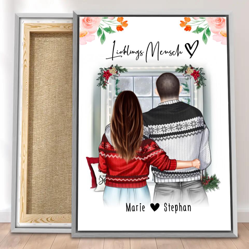 Personalisierte Leinwand mit Paar in Weihnachtspullovern (stehend) - Pärchen Leinwand - Weihnachts-Leinwand