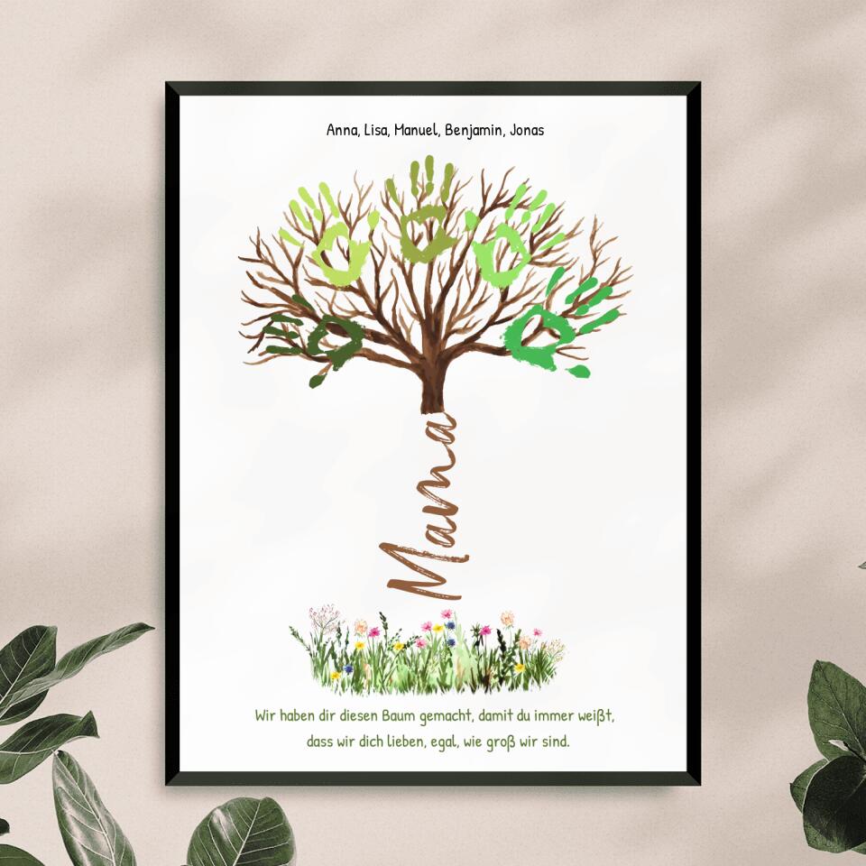 Personalisiertes Poster - "Wir lieben dich, egal, wie groß wir sind" - Baum für Mama/Papa mit Handabdrücken