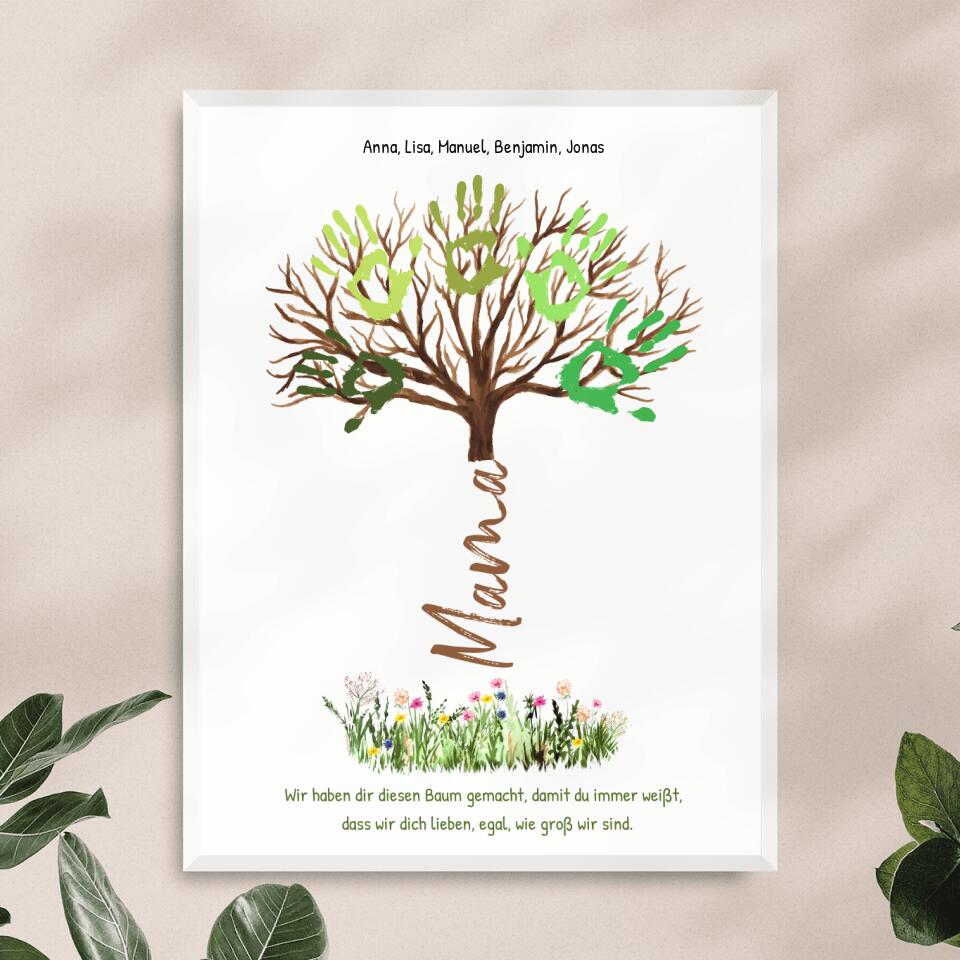 Personalisiertes Poster - "Wir lieben dich, egal, wie groß wir sind" - Baum für Mama/Papa mit Handabdrücken