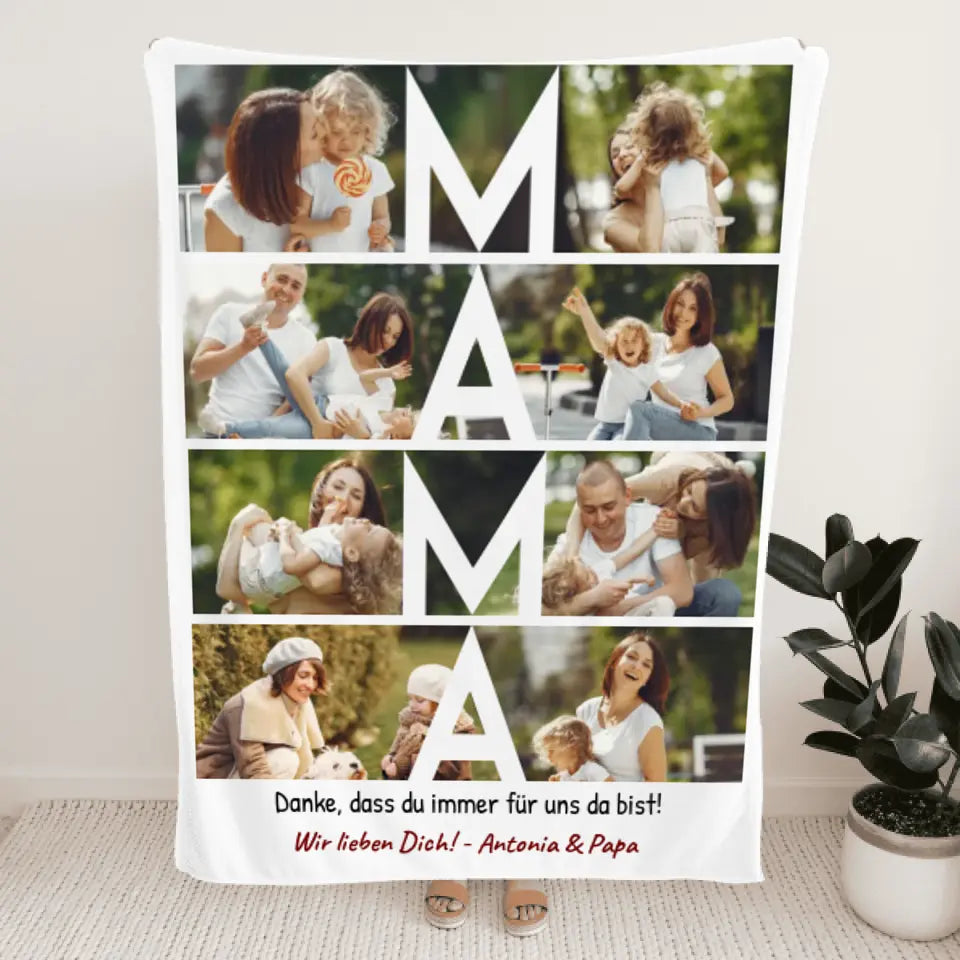 Personalisierte Decke - MAMA Schriftzug und Collage mit 8 Bildern