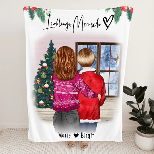 Personalisierte Decke - Mutter/Mama + Tochter (stehend) - Weihnachtsdecke