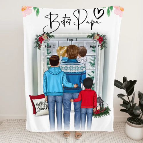 Personalisierte Decke - Papa/Vater + 1-4 Kinder - Weihnachtsdecke