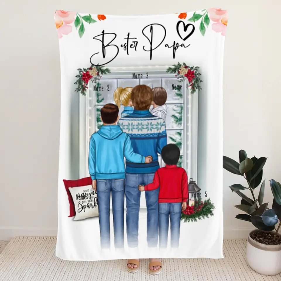 Personalisierte Decke - Papa/Vater + 1-4 Kinder - Weihnachtsdecke