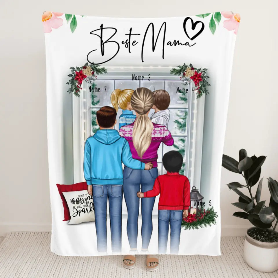 Personalisierte Decke - Mama/Mutter + 1-4 Kinder - Weihnachtsdecke