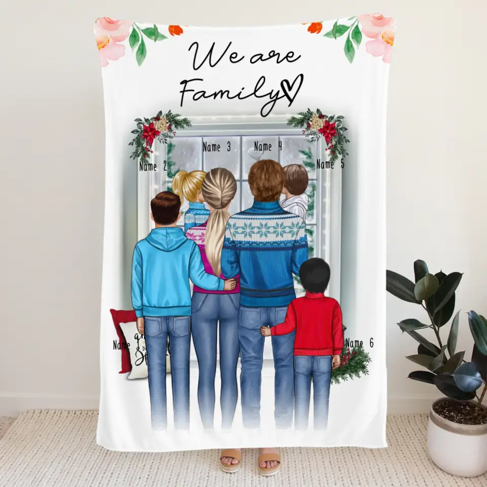 Personalisierte Decke - Familie + 1-4 Kinder - Weihnachtsdecke