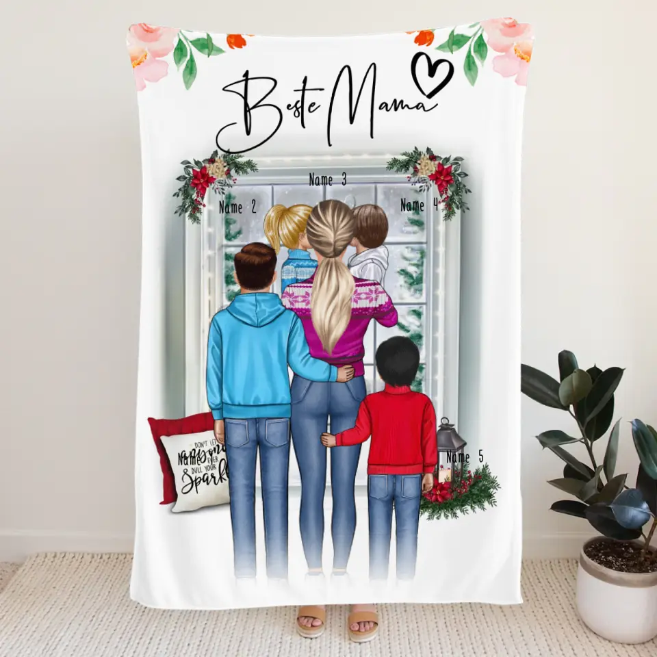 Personalisierte Decke - Mama/Mutter + 1-4 Kinder - Weihnachtsdecke