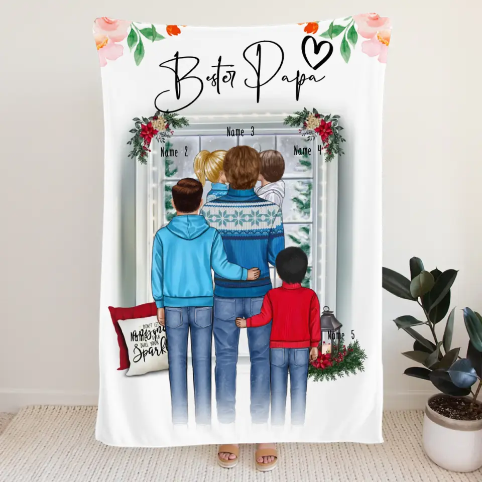 Personalisierte Decke - Papa/Vater + 1-4 Kinder - Weihnachtsdecke