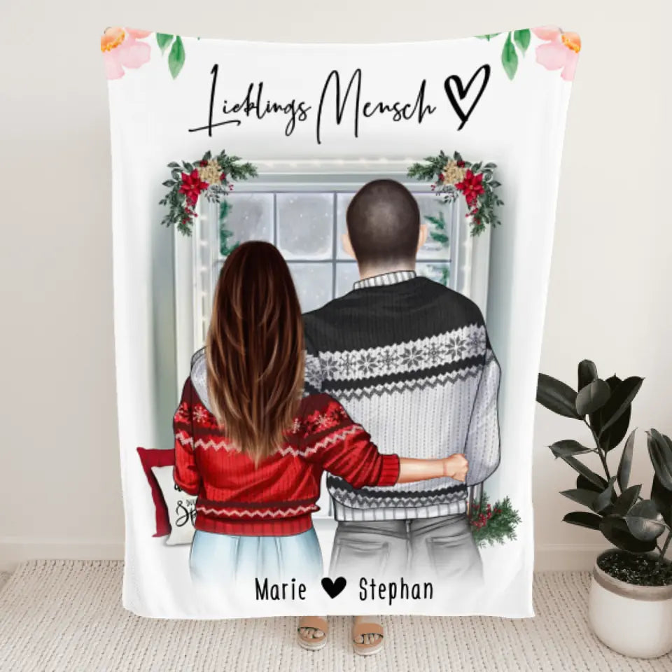 Personalisierte Decke mit Paar in Weihnachtspullovern (stehend) - Pärchen Decke - Weihnachtsdecke
