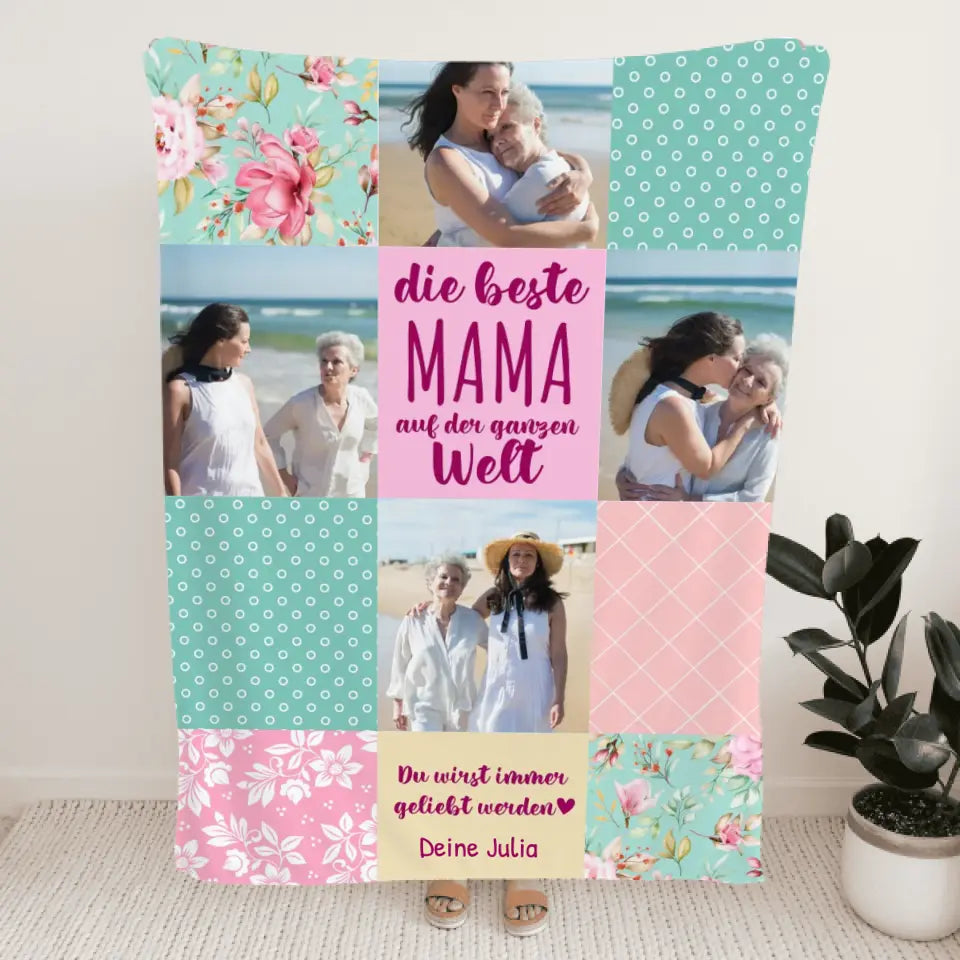 Personalisierte Decke - Patchworkdecke mit 4 Bildern - Die Beste Mama