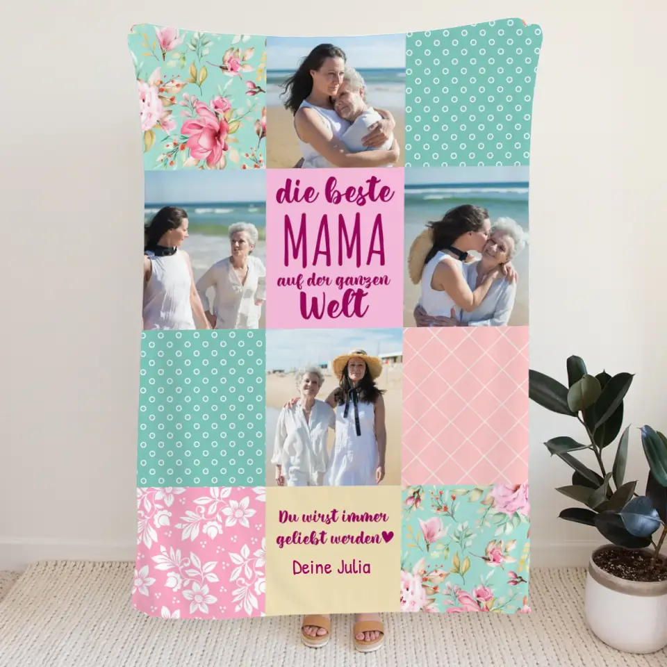Personalisierte Decke - Patchworkdecke mit 4 Bildern - Die Beste Mama